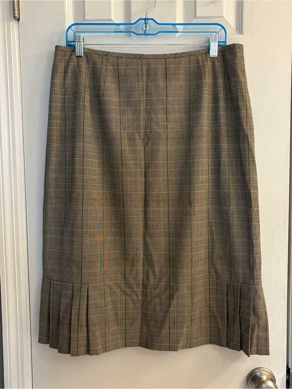 Vintage Kasper Plaid Pleated Lined Midi Skirt Size 14 Brown Grey office